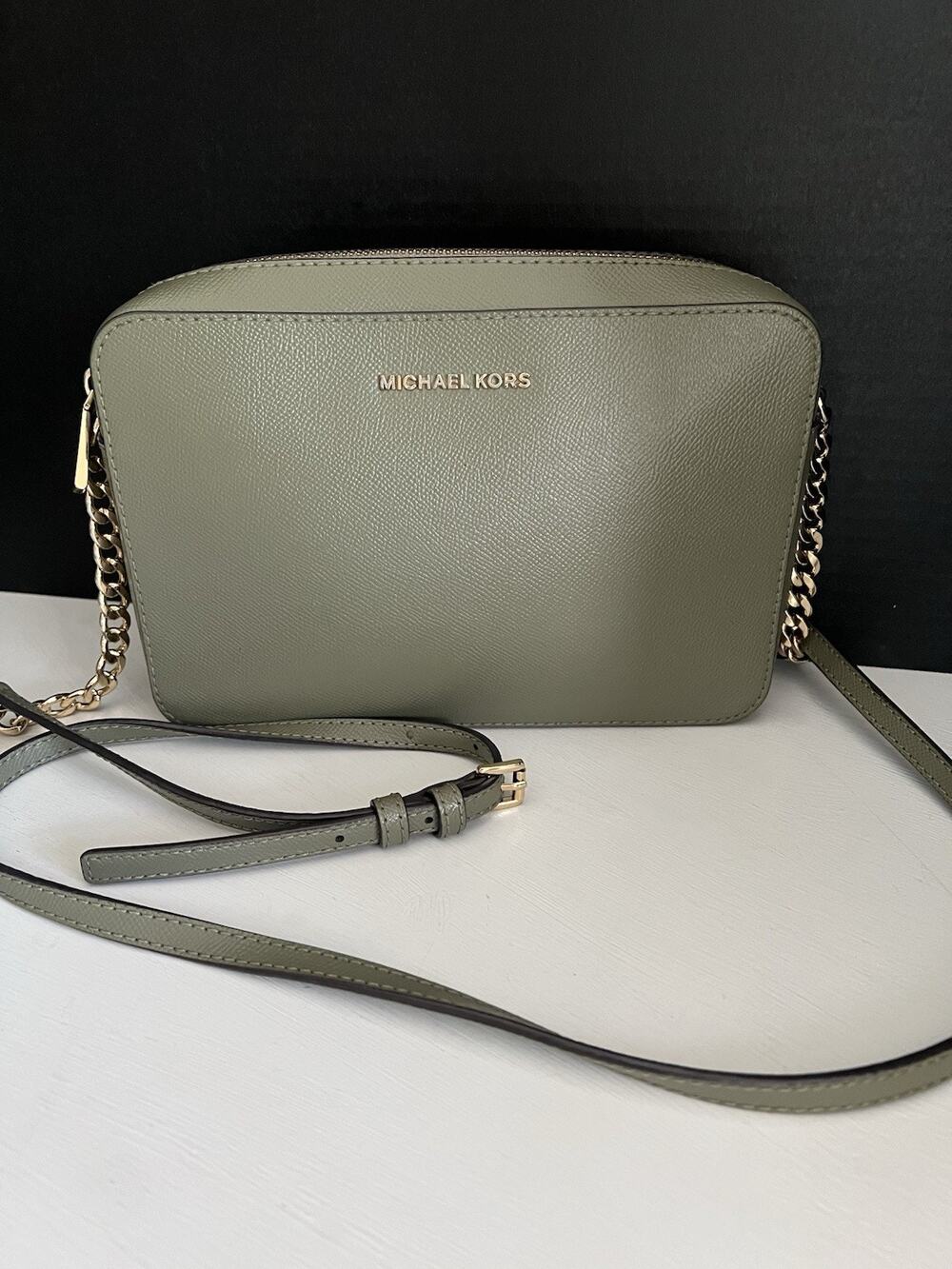 Michael Kors Jet Set Crossbody Bag Olive Green Gold Chain 9.5” Saffiano Leather